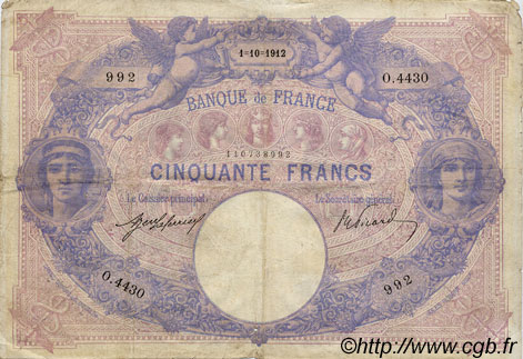 50 Francs BLEU ET ROSE FRANKREICH  1912 F.14.25 fS to S
