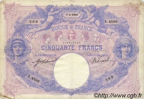 50 Francs BLEU ET ROSE FRANCE  1913 F.14.26 F - VF