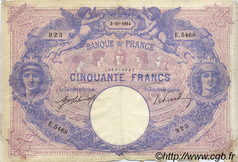 50 Francs BLEU ET ROSE FRANCE  1914 F.14.27 F-