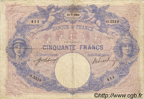 50 Francs BLEU ET ROSE FRANCIA  1914 F.14.27 BC