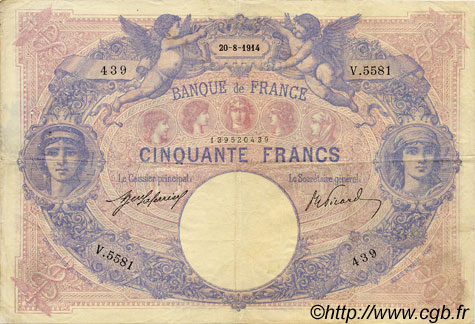 50 Francs BLEU ET ROSE FRANKREICH  1914 F.14.27 S to SS