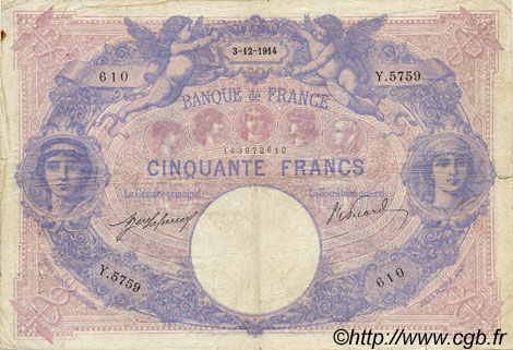 50 Francs BLEU ET ROSE FRANCE  1914 F.14.27 VG