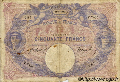 50 Francs BLEU ET ROSE FRANCE  1917 F.14.30 VG