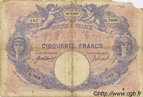 50 Francs BLEU ET ROSE FRANKREICH  1918 F.14.31 SGE