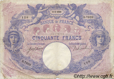 50 Francs BLEU ET ROSE FRANCE  1918 F.14.31 F