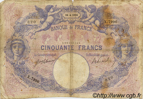 50 Francs BLEU ET ROSE FRANCE  1918 F.14.31 G