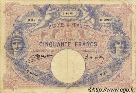 50 Francs BLEU ET ROSE FRANCE  1922 F.14.35 VG