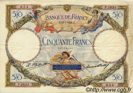 50 Francs LUC OLIVIER MERSON FRANCIA  1928 F.15.02 MBC