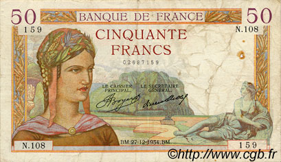 50 Francs CÉRÈS FRANCIA  1934 F.17.02 q.BB