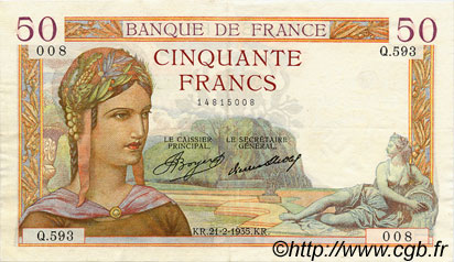50 Francs CÉRÈS FRANKREICH  1935 F.17.04 fVZ