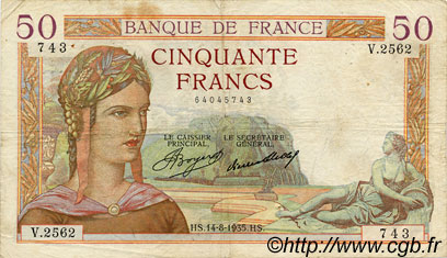 50 Francs CÉRÈS FRANKREICH  1935 F.17.14 fSS