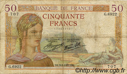 50 Francs CÉRÈS modifié FRANCE  1937 F.18.03 G