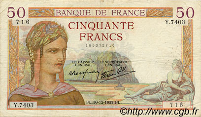 50 Francs CÉRÈS modifié FRANCE  1937 F.18.06 VF-