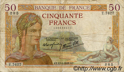 50 Francs CÉRÈS modifié FRANKREICH  1938 F.18.09 SGE