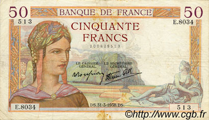 50 Francs CÉRÈS modifié FRANKREICH  1938 F.18.11 fSS