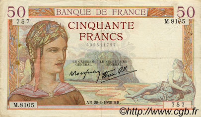 50 Francs CÉRÈS modifié FRANKREICH  1938 F.18.12 SS