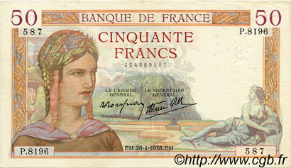 50 Francs CÉRÈS modifié FRANKREICH  1938 F.18.12 SS