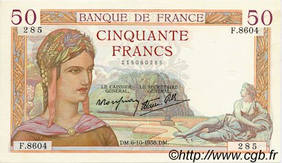 50 Francs CÉRÈS modifié FRANCE  1938 F.18.15 XF - AU