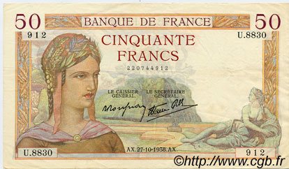 50 Francs CÉRÈS modifié FRANKREICH  1938 F.18.17 fVZ