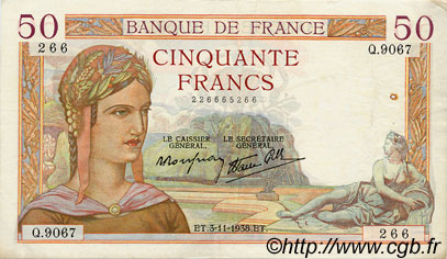 50 Francs CÉRÈS modifié FRANCE  1938 F.18.18 TTB+