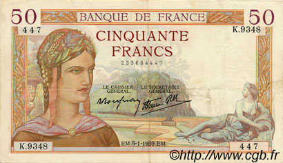 50 Francs CÉRÈS modifié FRANKREICH  1939 F.18.19 fVZ