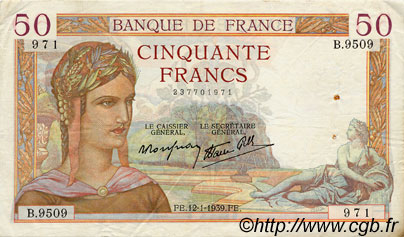 50 Francs CÉRÈS modifié FRANCE  1939 F.18.20 TTB