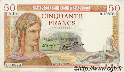 50 Francs CÉRÈS modifié FRANKREICH  1939 F.18.30 fVZ