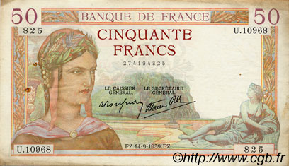 50 Francs CÉRÈS modifié FRANCE  1939 F.18.30 VF