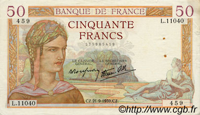 50 Francs CÉRÈS modifié FRANCIA  1939 F.18.31 MBC+
