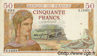 50 Francs CÉRÈS modifié FRANKREICH  1939 F.18.31 fVZ
