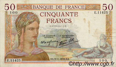 50 Francs CÉRÈS modifié FRANKREICH  1939 F.18.34 SS