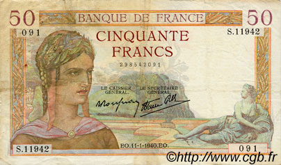50 Francs CÉRÈS modifié FRANKREICH  1940 F.18.37 fSS