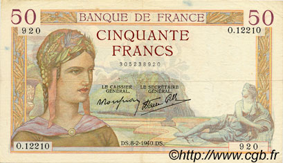 50 Francs CÉRÈS modifié FRANKREICH  1940 F.18.38 SS