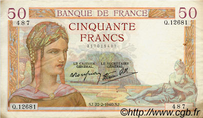 50 Francs CÉRÈS modifié FRANKREICH  1940 F.18.39 fVZ