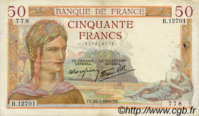50 Francs CÉRÈS modifié FRANKREICH  1940 F.18.39 fVZ