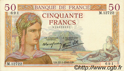 50 Francs CÉRÈS modifié FRANCIA  1940 F.18.39 MBC a EBC