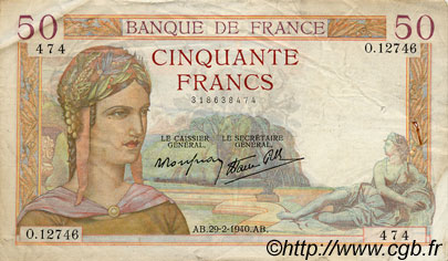 50 Francs CÉRÈS modifié FRANCIA  1940 F.18.40 MB a BB