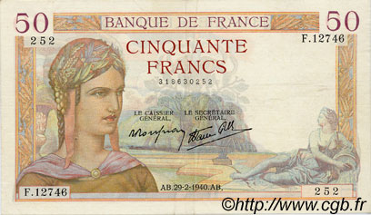 50 Francs CÉRÈS modifié FRANCIA  1940 F.18.40 MBC+
