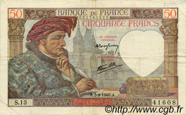 50 Francs JACQUES CŒUR FRANCIA  1940 F.19.02 q.BB