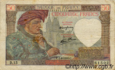 50 Francs JACQUES CŒUR FRANCE  1940 F.19.02 F
