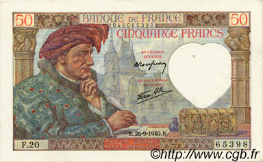 50 Francs JACQUES CŒUR FRANCE  1940 F.19.03 XF - AU