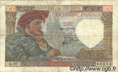 50 Francs JACQUES CŒUR FRANCIA  1940 F.19.03 MBC
