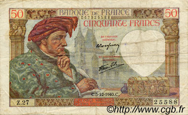 50 Francs JACQUES CŒUR FRANCE  1940 F.19.04 F+