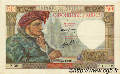 50 Francs JACQUES CŒUR FRANCE  1941 F.19.05 VF+