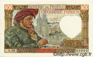 50 Francs JACQUES CŒUR FRANKREICH  1941 F.19.05 fST+