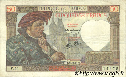 50 Francs JACQUES CŒUR FRANCE  1941 F.19.06 F - VF