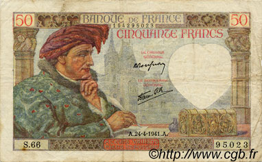 50 Francs JACQUES CŒUR FRANCE  1941 F.19.09 VF-