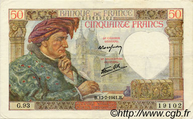50 Francs JACQUES CŒUR FRANCE  1941 F.19.12 VF+