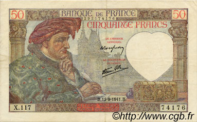 50 Francs JACQUES CŒUR FRANCE  1941 F.19.14 VF+