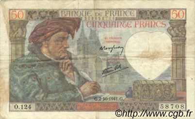 50 Francs JACQUES CŒUR FRANCIA  1941 F.19.15 BC+